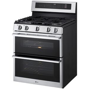 LG 30 in. 6.9 cu. ft. Smart Air-Fry True European Convection Double Oven Slide-In Gas Range with 5 Sealed Burners - Stainless Steel, , hires