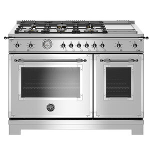 Bertazzoni Heritage Series 48 in. 7.1 cu. ft. Convection Double Oven Freestanding LP Gas Range with 6 Brass Burners & Griddle - Stainless Steel, , hires