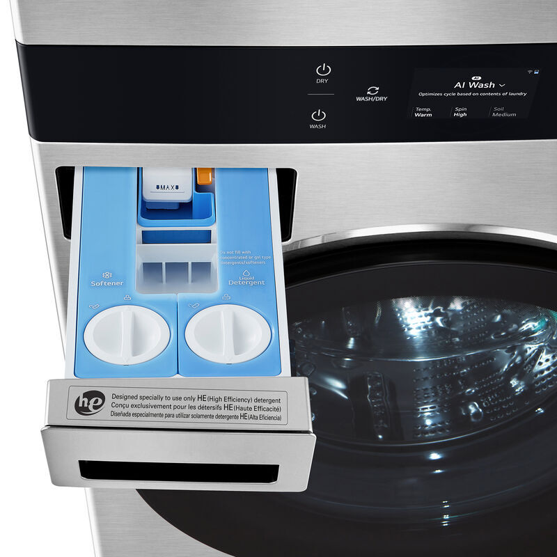 LG 27 in. 5.0 cu. ft. Smart Electric Front Load WashTower with AI Sensor Dry, TurboSteam, Allergiene Cycle, ezDispense, AI DD 2.0 Advanced Washing, Sensor Dry, Sanitize & Steam Cycle - Noble Steel, Noble Steel, hires