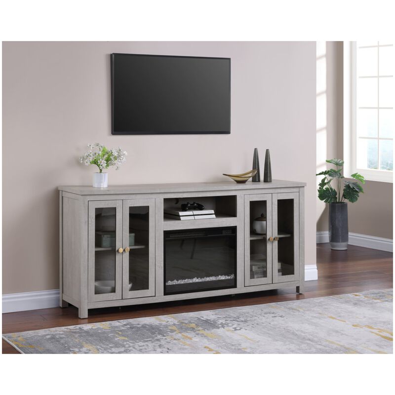 Lilola Ellington 70"W Light Gray Finish Fireplace TV Stand Console with Heater, LED Light, Cabinets, Shelves, , hires