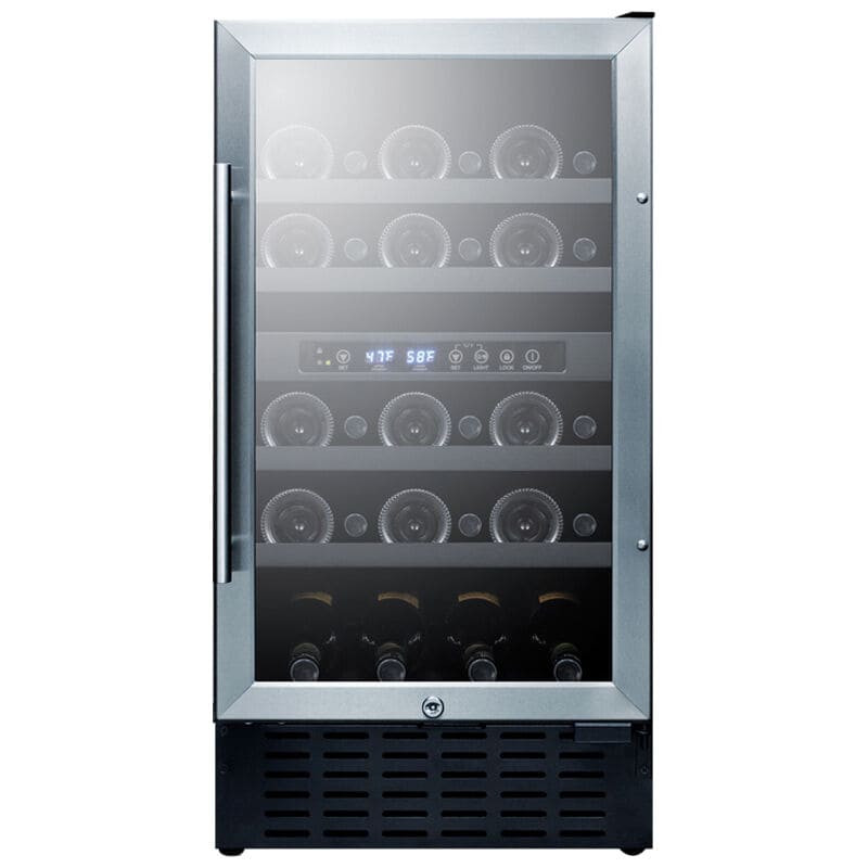 Summit 18 in. Undercounter Wine Cooler with Wood Racks, Dual Temperature Zones & 28 Bottle Capacity - Stainless Steel, , hires