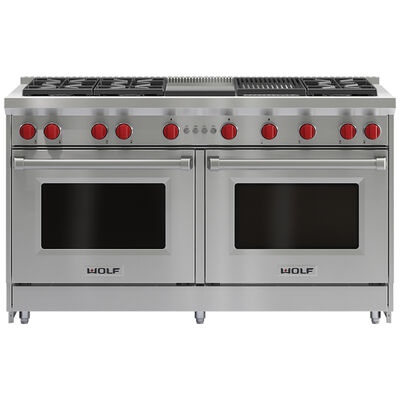 Wolf 60 in. 8.8 cu. ft. Standard Convection Double Oven Gas Range with 6 Sealed Burners, Grill & Griddle - Stainless Steel | GR606CG