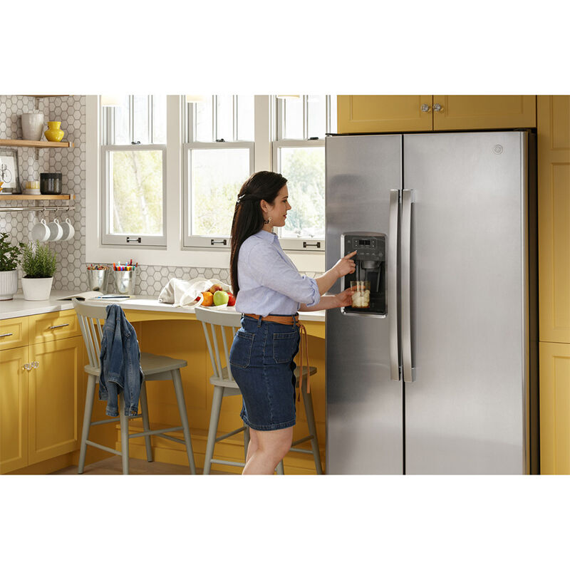 GE 36 in. 25.3 cu. ft. Side-by-Side Refrigerator with External Ice & Water Dispenser - Slate, Slate, hires