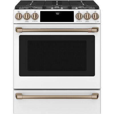 Cafe 30 in. 5.6 cu. ft. Smart Oven Slide-In Gas Range with 6 Sealed Burners & Griddle - Matte White | CGS700P4MW2
