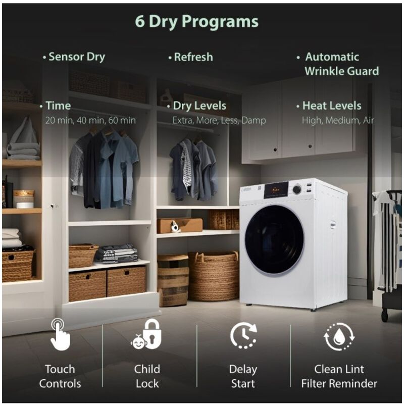 Equator Deluxe 24 in. 4.0 cu. ft. Stackable Electric Dryer with Sensor Dry, Sanitize & Steam Cycle - White, , hires
