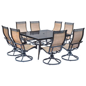 Hanover Monaco 9-Piece 60" Square Glass Top Dining Set with Swivel Rocker Sling Chairs - Tan, , hires