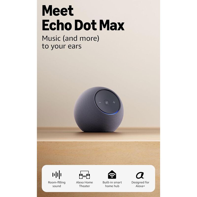 Amazon Echo Dot Max (newest model), Alexa speaker with room-filling sound and built-in smart home hub, designed for Alexa+ (Graphite), , hires