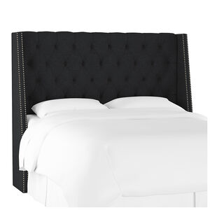 Skyline Full Nail Button Tufted Wingback Headboard in Linen - Black, Black, hires