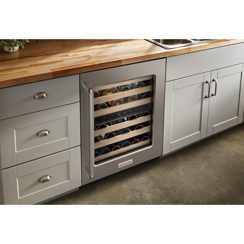 KitchenAid 24 in. Undercounter Wine Cooler with Wood Front Racks, Dual Zones & 46 Bottle Capacity Right Hinged - Stainless Steel, , hires