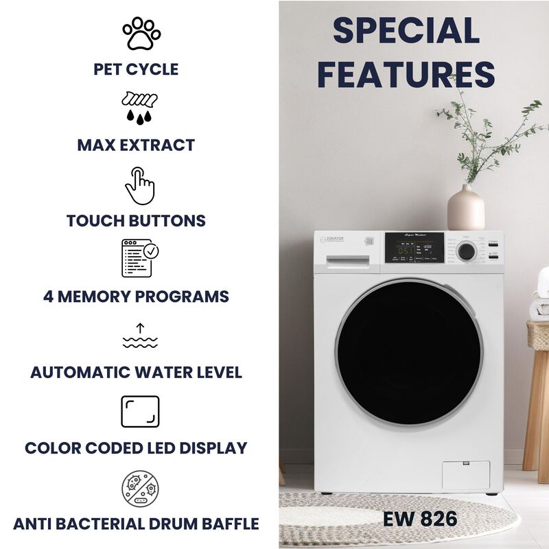 Equator 24 in. 1.6 cu. ft. Electric Front Load Laundry Center with Pet Cycle, Sanitize Cycle & Sensor Dry - White, White, hires