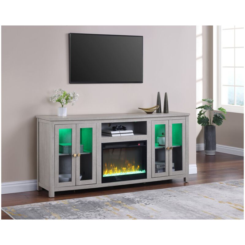 Lilola Ellington 70"W Light Gray Finish Fireplace TV Stand Console with Heater, LED Light, Cabinets, Shelves, , hires