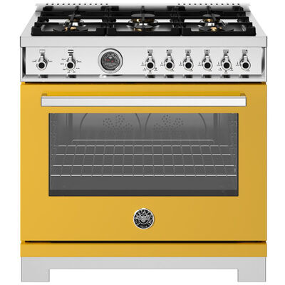 Bertazzoni Professional Series 36 in. 5.9 cu. ft. Convection Oven Freestanding Natural Gas Range with 6 Sealed Burners & Griddle - Yellow | PR366BCGMGIT