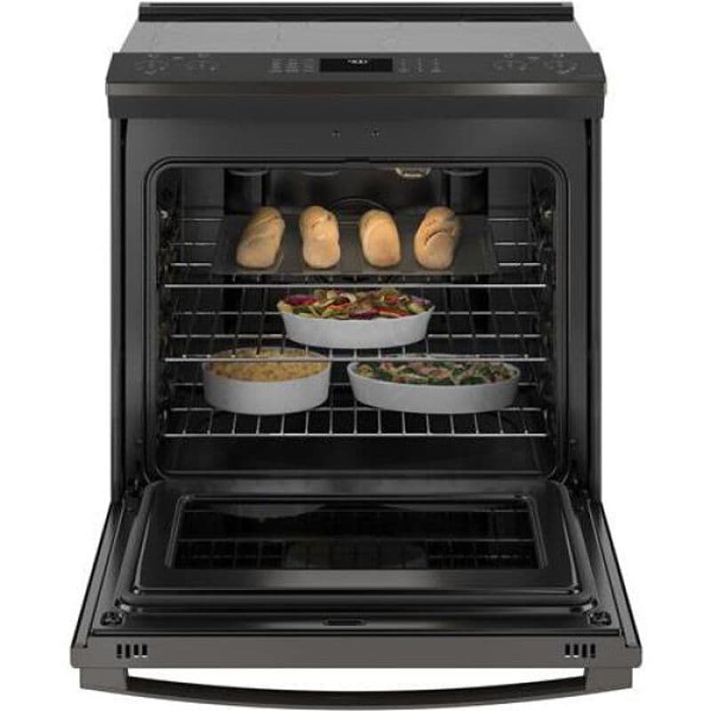 GE Profile 30 in. 5.3 cu. ft. Smart Air Fry True European Convection Slide-In Electric Range with Smoothtop Burners - Black Stainless, , hires