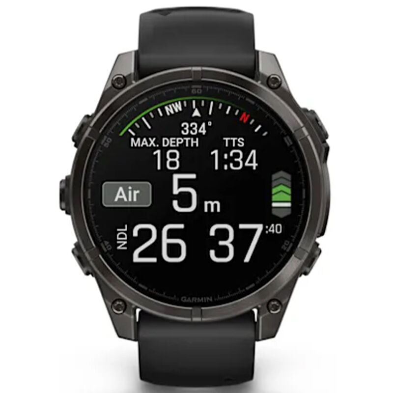 Garmin f nix 8 47 mm, AMOLED Smart Watch - Sapphire, Carbon Gray DLC Titanium with Black/Pebble Gray Silicone Band, , hires