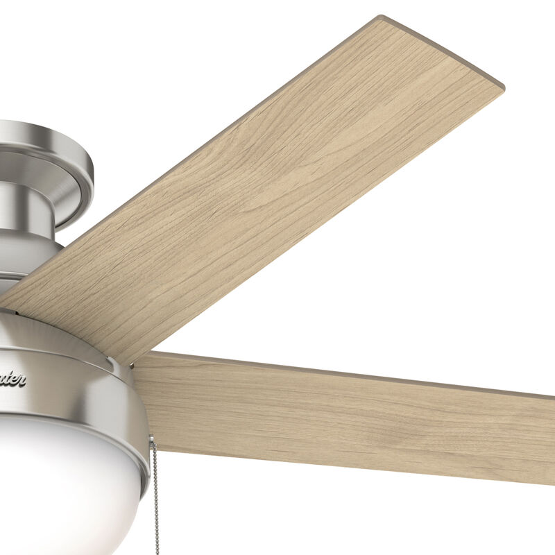 Hunter Anslee 46 in. Low Profile Ceiling Fan with LED Light Kit, Pull Chain- Brushed Nickel, Brushed Nickel, hires