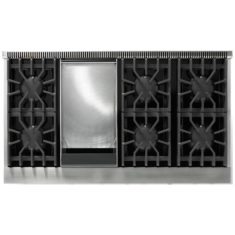 Viking 5 Series 48 in. 6.1 cu. ft. Standard Convection Double Oven Gas Range with 6 Sealed Burners & Griddle - Stainless Steel - Liquid Propane Gas, Polished Chrome Trim Option, , hires