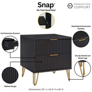 Manhattan Comfort DUMBO 2.0 Modern Nightstand with 2 Drawer & Metal Feet - Black, Black, hires