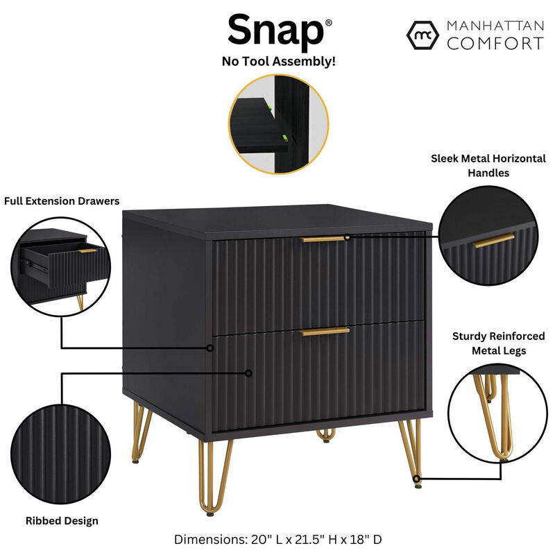 Manhattan Comfort DUMBO 2.0 Modern Nightstand with 2 Drawer & Metal Feet - Black, Black, hires
