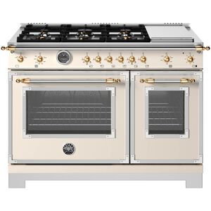 Bertazzoni Heritage Series 48 in. 7.1 cu. ft. Dual Convection Double Oven Gas Range with 6 Sealed Burners & Griddle - Ivory Gloss Finish, , hires
