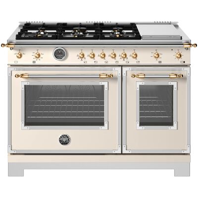 Bertazzoni Heritage Series 48 in. 7.1 cu. ft. Dual Convection Double Oven Gas Range with 6 Sealed Burners & Griddle - Ivory Gloss Finish | HER486BTGMAG