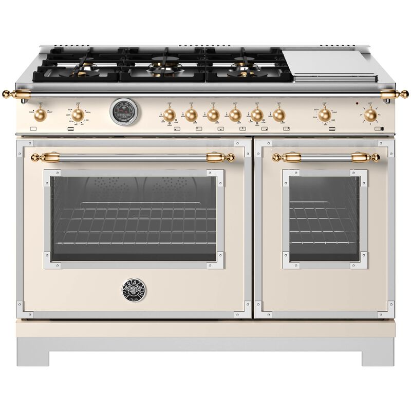 Bertazzoni Heritage Series 48 in. 7.1 cu. ft. Dual Convection Double Oven Gas Range with 6 Sealed Burners & Griddle - Ivory Gloss Finish, , hires