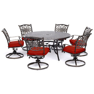 Hanover Traditions 7-Piece Dining Set in Red with a 60 In. Round Cast-top Table and Six Swivel Rockers, , hires