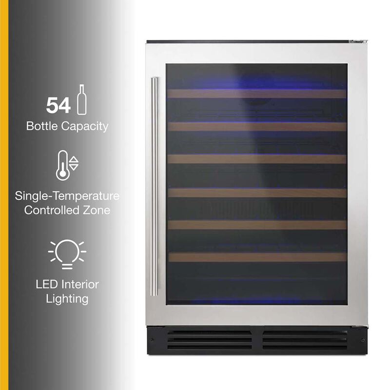 Whirlpool 24 in. Undercounter Wine Cooler with Wood Racks, Single Temperature Zone & 54 Bottle Capacity - Stainless Steel, , hires