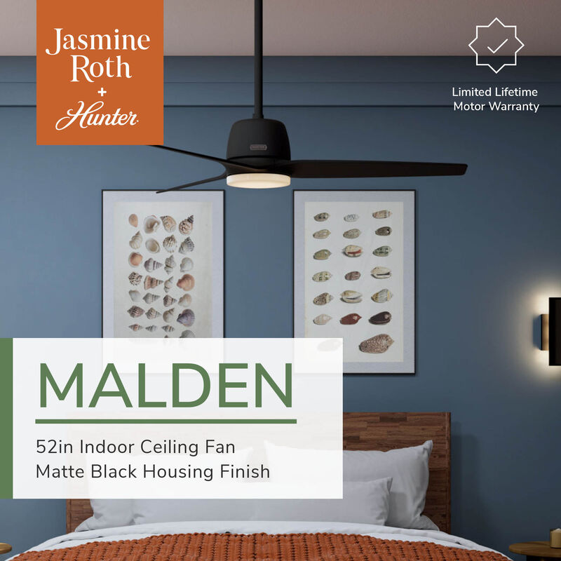Hunter Malden 52 in. Ceiling Fan with LED Light Kit & Handheld Remote - Matte Black, , hires