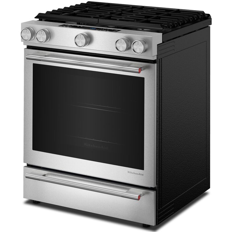 KitchenAid 30 in. 7.1 cu. ft. Air-Fry True European Convection Steam Oven Slide-In Dual Fuel Range with 5 Sealed Burners - Stainless Steel with PrintShield Finish, , hires