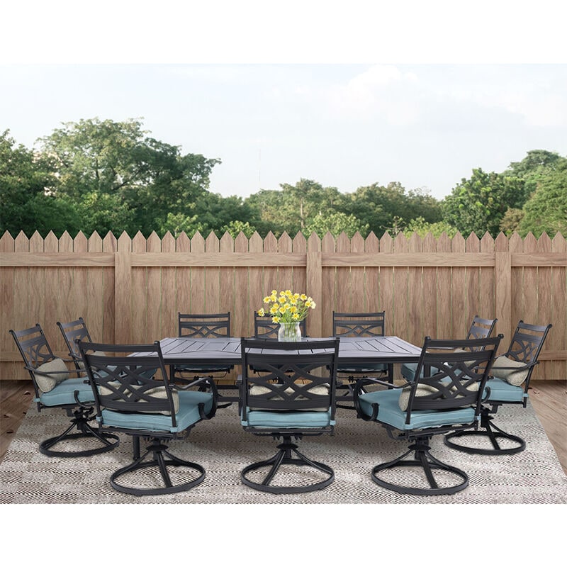 Hanover Montclair 11-Piece Dining Set in Ocean Blue with 10 Swivel Rockers and a 60-In. x 84-In. Table - Ocean Blue/Brown, , hires