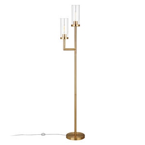 Hudson & Canal Basso Brass Torchiere 2-Light Floor lamp with Clear Glass Shades, , hires