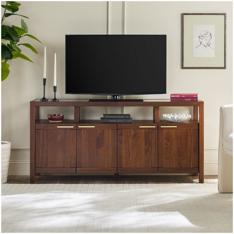 Walker Edison Isla Modern TV Stand with Glass Top - Walnut, , hires