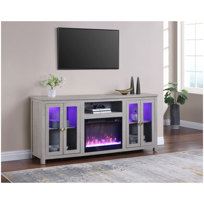 Lilola Ellington 70"W Light Gray Finish Fireplace TV Stand Console with Heater, LED Light, Cabinets, Shelves, , hires
