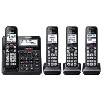 Panasonic Cordless Phone with Advanced Call Block, One-Ring Scam Alert, and 2-Way Recording with Answering Machine, 4 Handsets - Black | KXTGF944B