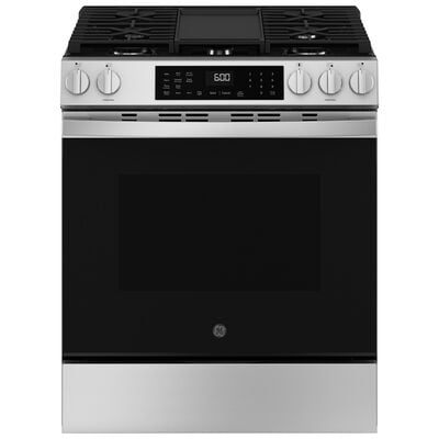 GE 30 in. 5.3 cu. ft. Smart Air Fry Standard Convection Slide-In Gas Range with 5 Sealed Burners & Griddle - Fingerprint Resistant Stainless | GGS600AVFS