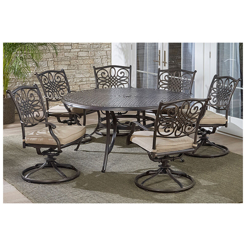 Hanover Traditions 7-Piece Dining Set in Tan with a 60 In. Round Cast-top Table and Six Swivel Rockers, , hires