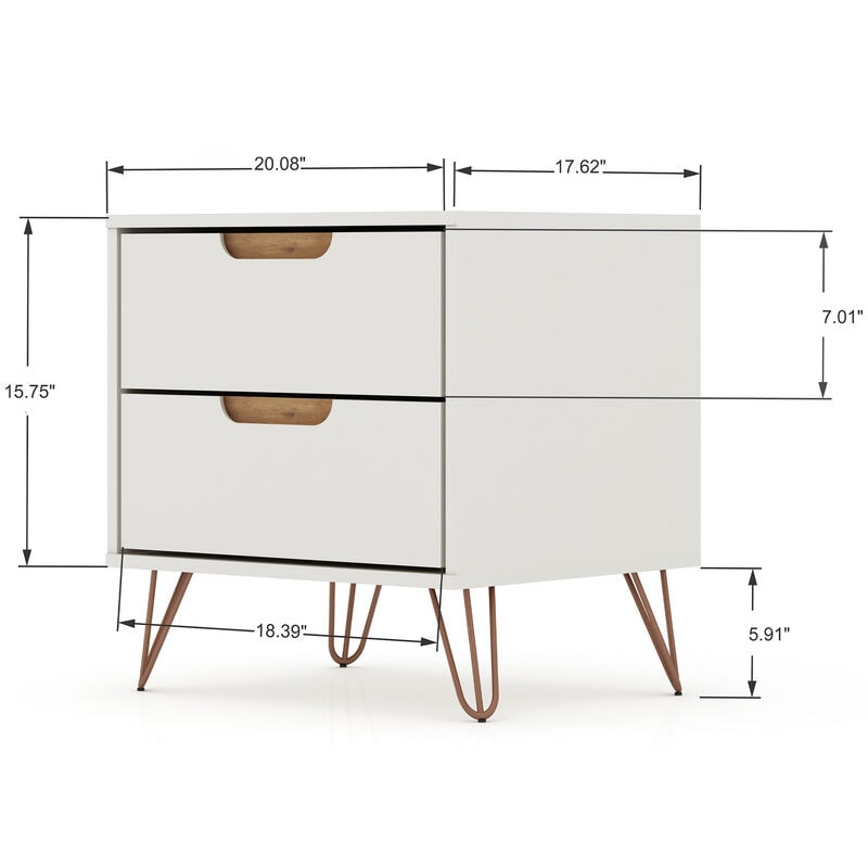 Manhattan Comfort Rockefeller Mid-Century Modern 2-Drawer Nightstand Off White/Natural, White, hires