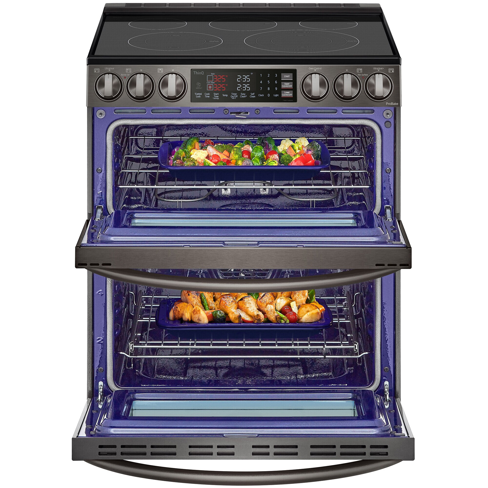 LG 30 in. 7.3 cu. ft. Smart Air Fry Convection Double Oven Slide In Electric Range with 5 Smoothtop Burners Printproof Black Stainless Steel P.C. Richard Son