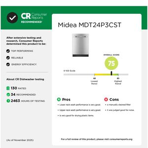 Midea 24 in. Top Control Smart Dishwasher with 47 dBA Sound Level, 3rd-Rack, 3-Stage Total Drying & Pocket Handle - Stainless Steel, , hires