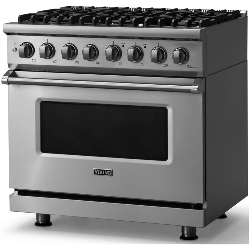 Viking 5 Series 36 in. 5.6 cu. ft. True European Convection Dual Fuel Range with 6 Sealed Burners - Stainless Steel - Natural Gas, Polished Chrome Trim Option, , hires