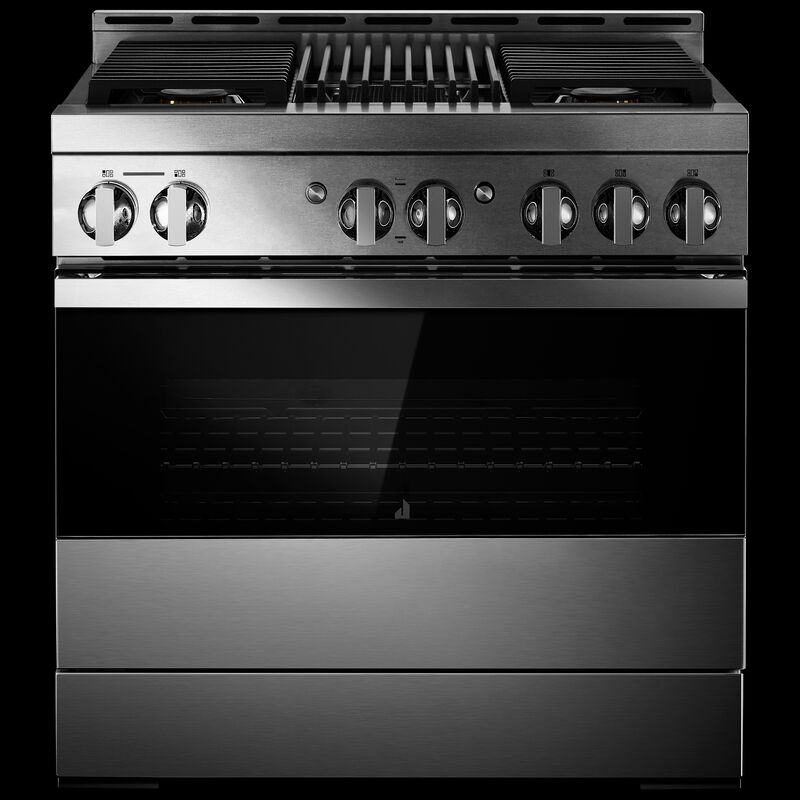 JennAir Noir Series 36 in. 5.1 cu. ft. Smart True European Convection Gas Range with 4 Sealed Burners & Grill - Stainless Steel, , hires