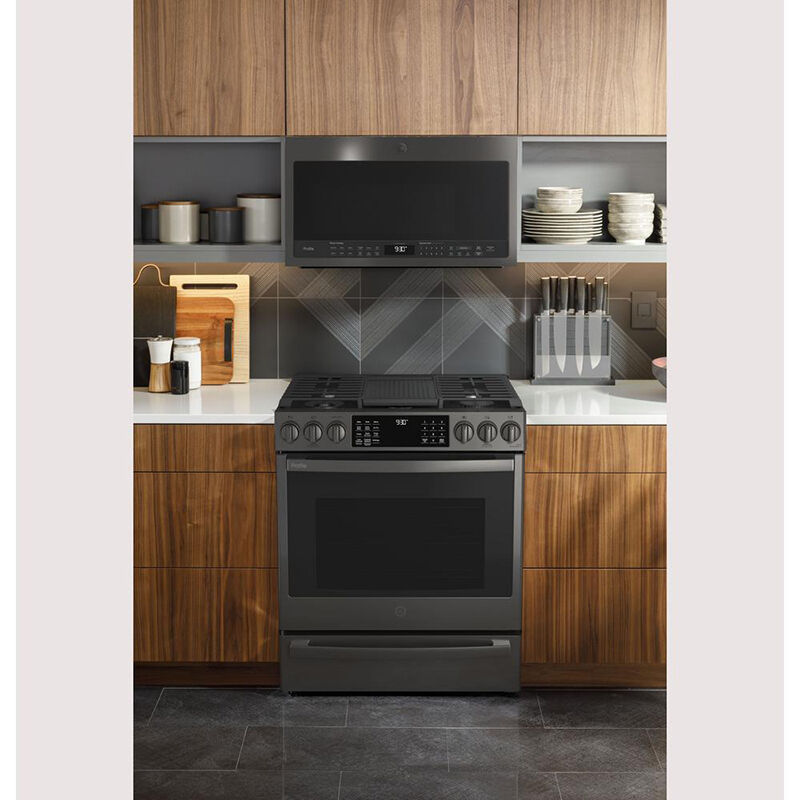 GE Profile 30 in. 5.6 cu. ft. Smart Air Fry Convection Oven Slide-In Gas with 5 Sealed Burners, Grill & Griddle - Fingerprint resistant Black Stainless, , hires
