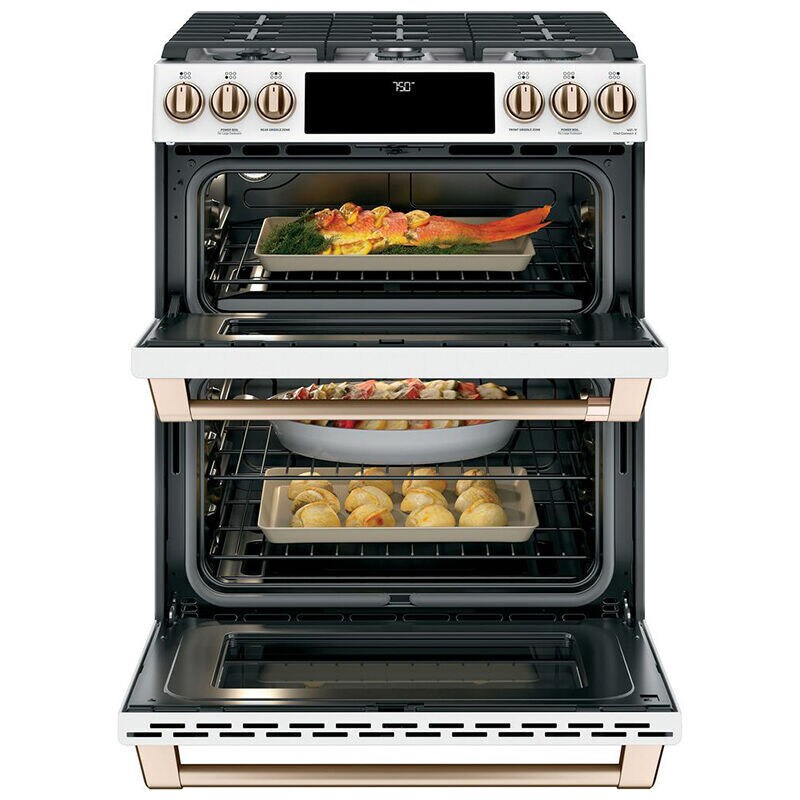 Cafe 30 in. 6.7 cu. ft. Smart Air Fry True European Convection Double Oven Slide-In Gas Range with 6 Sealed Burners & Griddle - Matte White, Matte White, hires