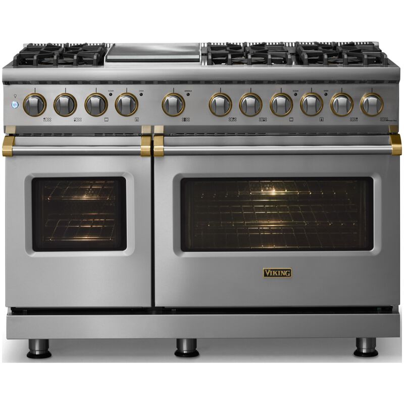 Viking 5 Series 48 in. 7.3 cu. ft. True European Convection Double Oven Dual Fuel Range with 6 Sealed Burners & Griddle - Stainless Steel - Natural Gas, Brushed Brass Trim Option, , hires