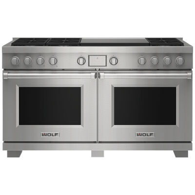Wolf 60 in. 9.6 cu. ft. Smart Convection Double Oven Freestanding Dual Fuel Range with 7 Sealed Burners & Griddle - Stainless Steel | DF60650DGSP