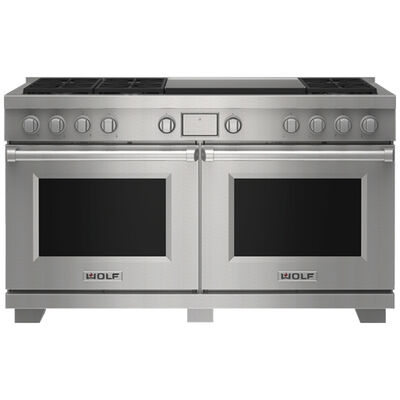 Wolf 60 in. 9.6 cu. ft. Smart Dual Convection Double Oven Dual Fuel Range with 6 Sealed Burners & Griddle - Stainless Steel | DF60650DGSP