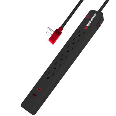 Monster Cable 6AC Grounded Outlet + 1 USB-A, 1 USB-C (WITH 20WPD)-1200J Surge Protection 6FT Nylon Braided Cord - Black | 2MNAC1326B0L