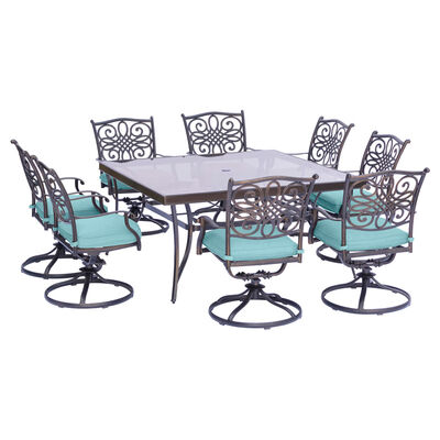 Hanover Traditions 9-Piece Glass-Top Square Dining Set with Swivel Rockers- Blue | TRN9SWSQGBLU