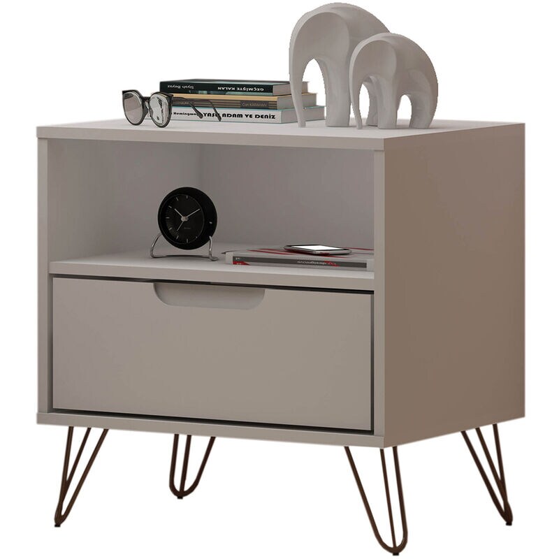 Manhattan Comfort Rockefeller Mid-Century Modern 1-Drawer Nightstand White, White, hires