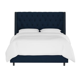 Skyline Queen Nail Button Tufted Wingback Bed in Velvet - Ink, Blue, hires